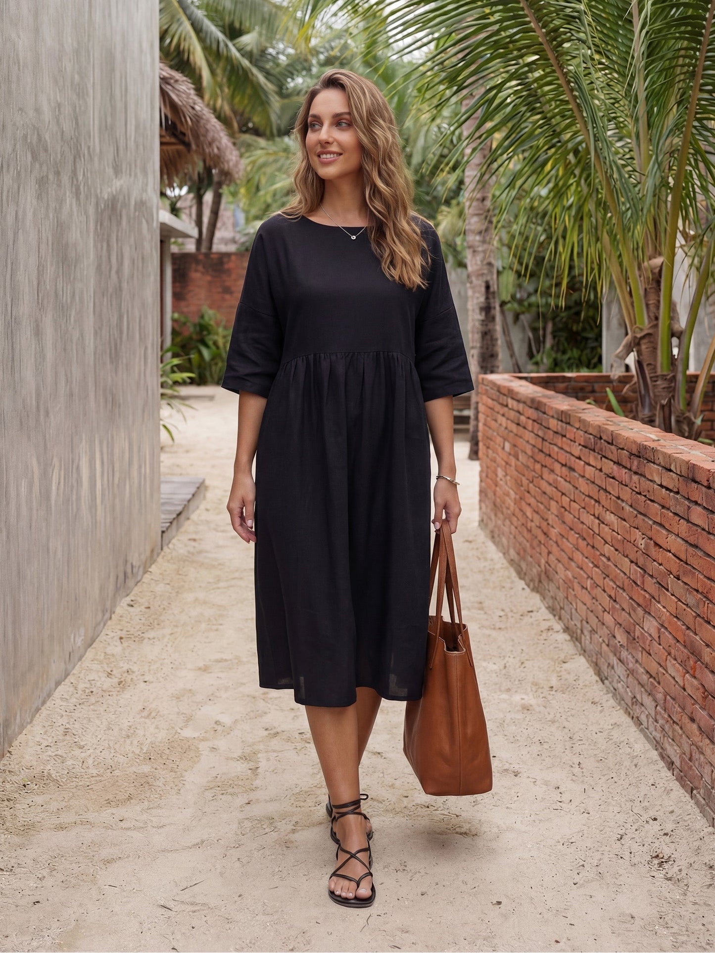 Valencia - Vestido midi 100% de lino con silueta en A